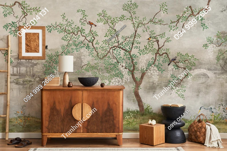 Tranh cây hoa với chim kiểu chinoiserie dán tường 2472432832