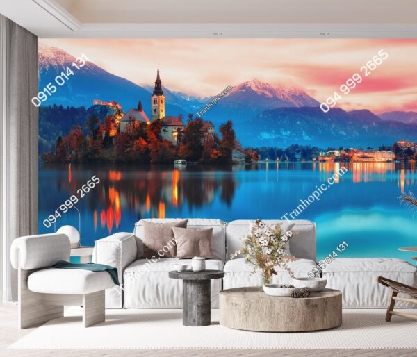 Tranh dán tường Cảnh đêm bờ hồ Bled ở Slovenia 659783420