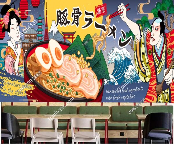 Tranh dán tường Quán ăn Nhật với nước dùng tonkotsu ramen ngon theo phong cách ukiyo-e 2622667998