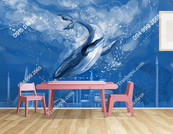 Tranh dán tường cá voi xanh trên nền của một thành phố tuyệt vời dưới nước 2827332115