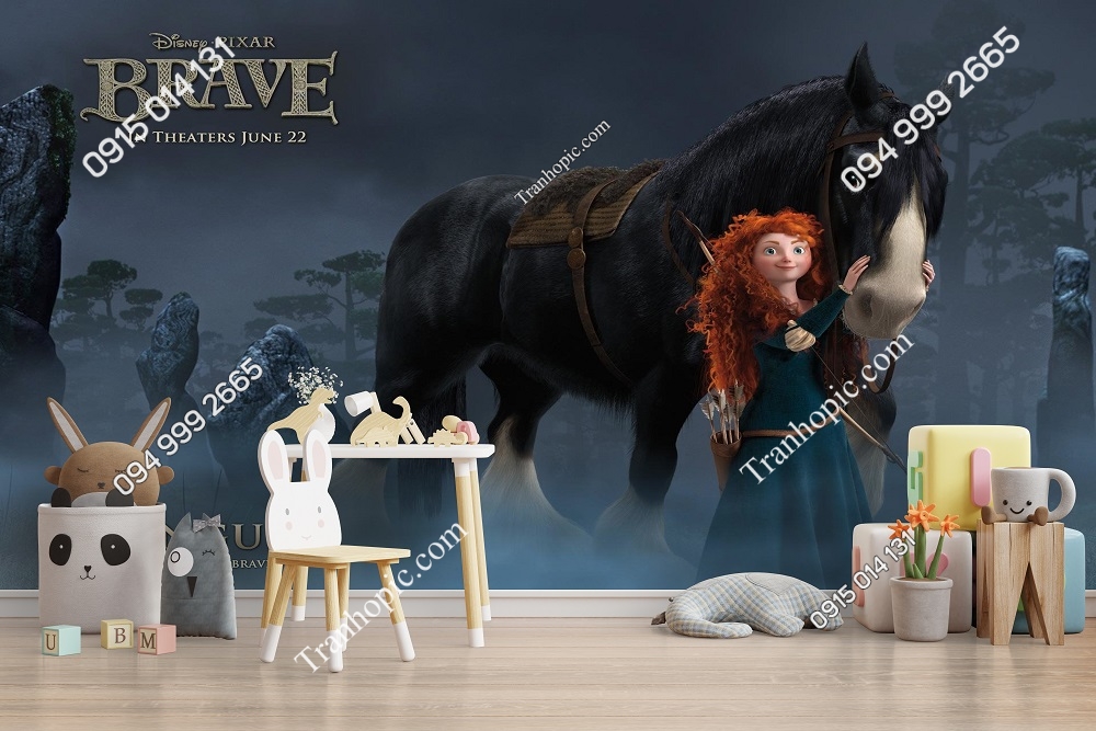 Tranh dán tường công chúa tóc xù Merida và ngựa đen Brave 273681