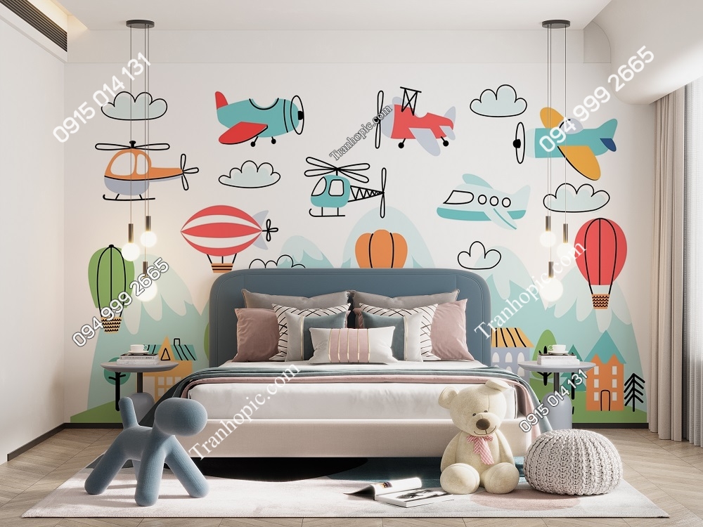 Tranh dán tường kiểu vẽ tay trẻ em với máy bay khinh khí cầu 3074561592