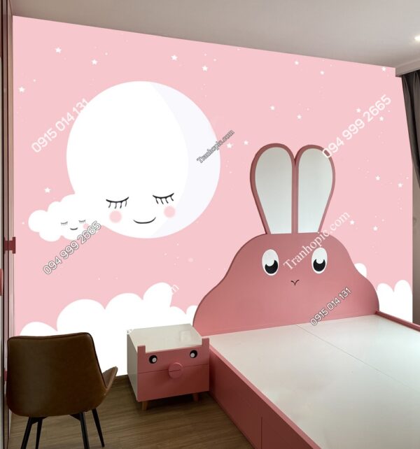 Tranh dán tường mặt trăng ngủ cùng mây trắng nền hồng dán phòng bé 50800