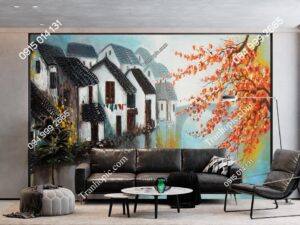 Tranh dán tường ngôi nhà đẹp gần hồ và hoa kiểu vẽ 2771885869
