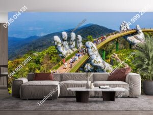 Tranh dán tường phòng khách 3D cảnh cầu bàn tay vàng Đà Nẵng 1343264874