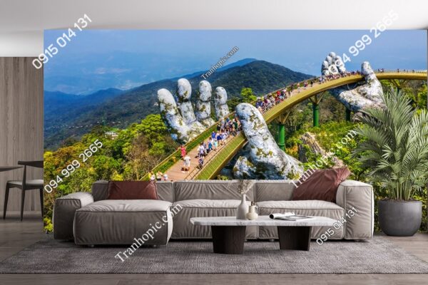 Tranh dán tường phòng khách 3D cảnh cầu bàn tay vàng Đà Nẵng 1343264874