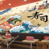 Tranh dán tường quán Sushi bar với geisha ăn sashimi trên nền sóng khổng lồ theo phong cách ukiyo-e 2610121908