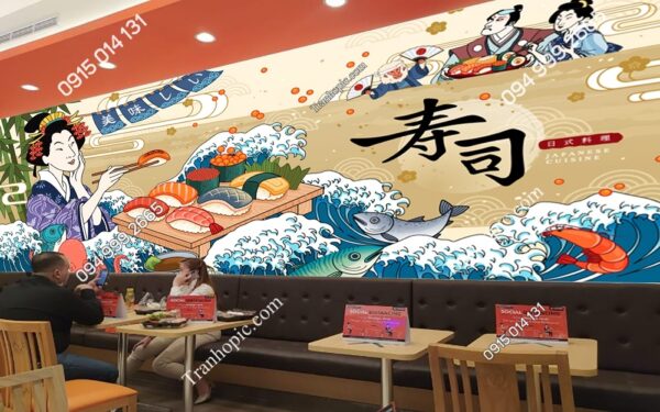 Tranh dán tường quán Sushi bar với geisha ăn sashimi trên nền sóng khổng lồ theo phong cách ukiyo-e 2610121908