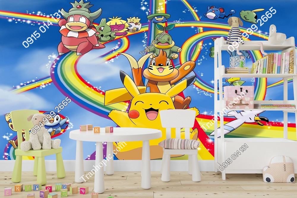 Tranh pokemon pikachu và bảy sắc cầu vòng dán tường cho bé 475764