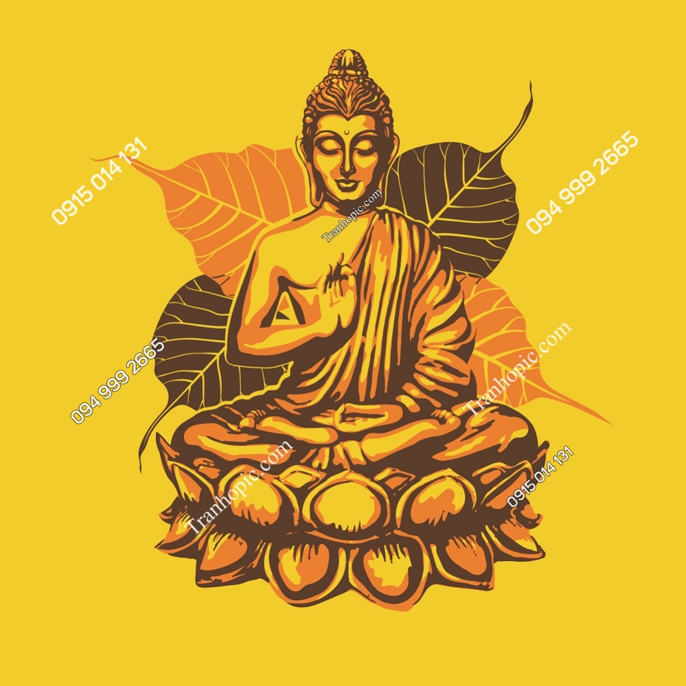 Tranh Đức Phật ngồi trong Hoa sen và ban phước trên nền lá của cây Bồ đề 2622290685