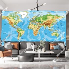 Tranh dán tường 3D bản đồ thế giới dán phòng khách