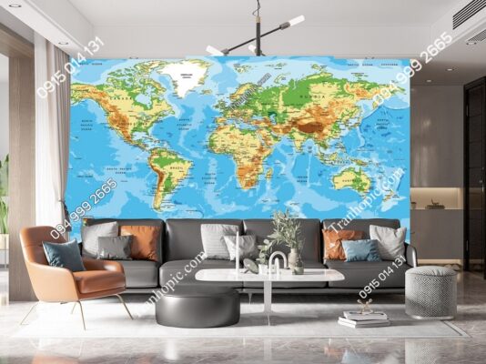 Tranh dán tường 3D bản đồ thế giới dán phòng khách