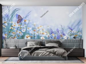 Tranh dán tường bướm và hoa cúc dại sương sớm 2886147846