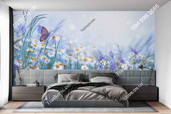 Tranh dán tường bướm và hoa cúc dại sương sớm 2886147846