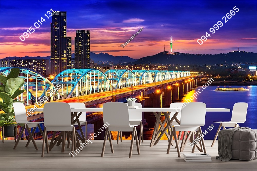 Tranh dán tường cảnh thành phố tại cầu dongjak và tháp seoul trên sông Hàn đêm FP11600385