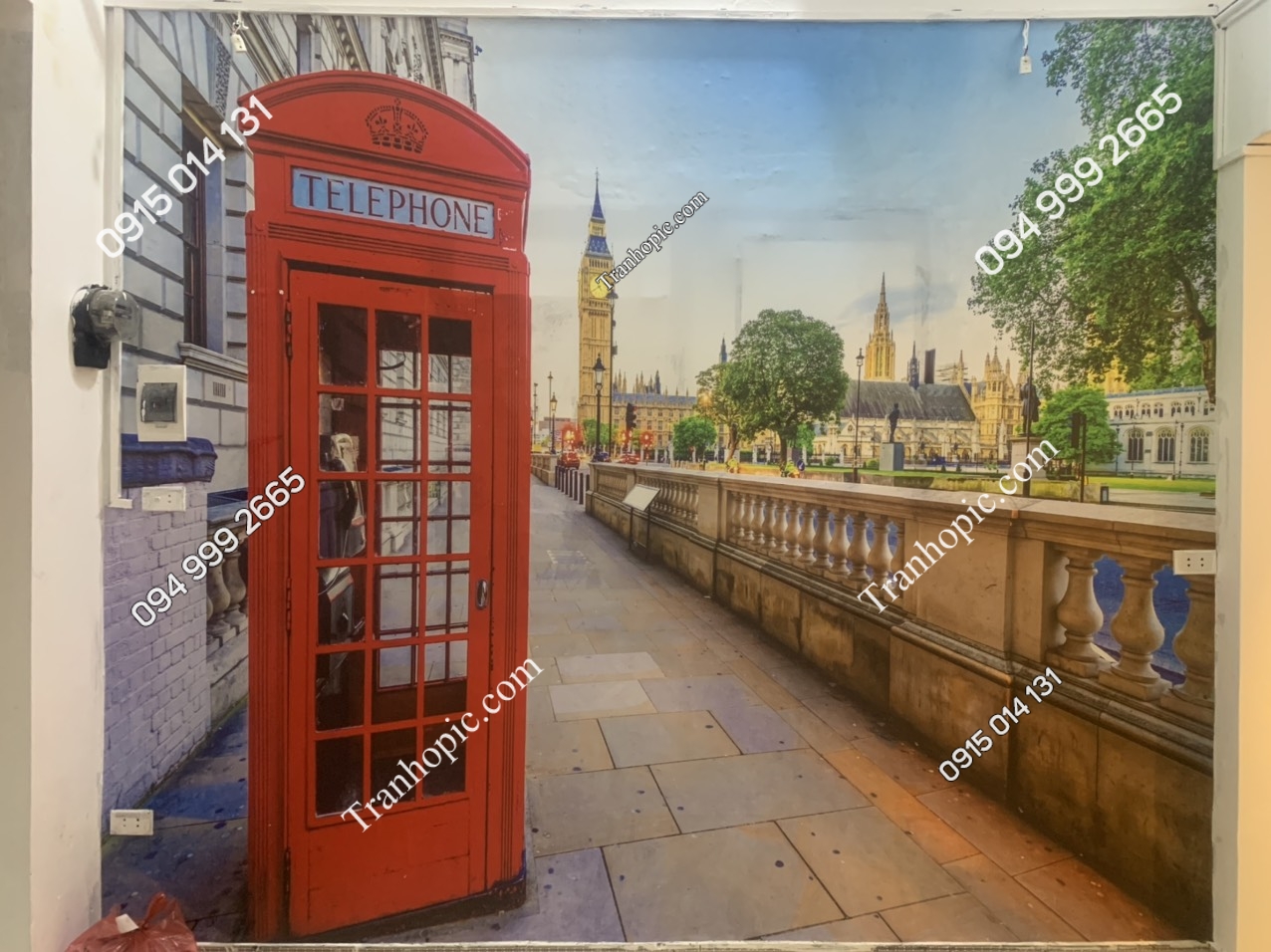 Tranh dán tường cảnh tủ điện thoại và đồng hồ Big Ben tại Anh