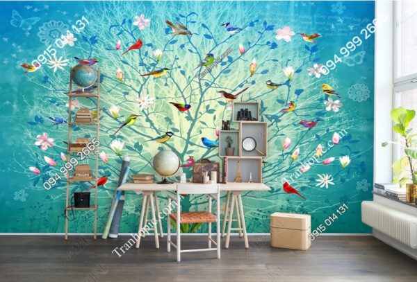 Tranh dán tường cây hoa và chim nền xanh dương OP_27463698