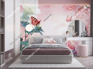 Tranh dán tường hoa hồng, mẫu đơn trắng và bướm 3035472151