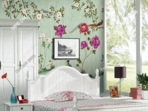 Tranh dán tường hoa hồng và chim nền xanh kiểu Chinoiserie OP_25470260