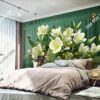 Tranh dán tường hoa lily chim và nền tường xanh 3D OP_37339553