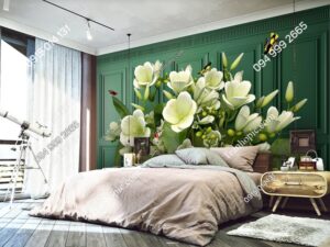 Tranh dán tường hoa lily chim và nền tường xanh 3D OP_37339553