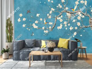 Tranh dán tường hoa và chim nền xanh dương indochine 63413