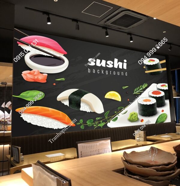 Tranh dán tường quán ăn sushi Nhật Bản nền đen 2865818415
