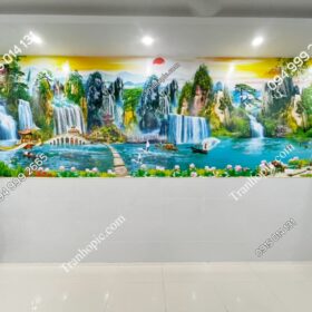Tranh dán tường sơn thủy khổ dài phòng khách in 5D đẹp