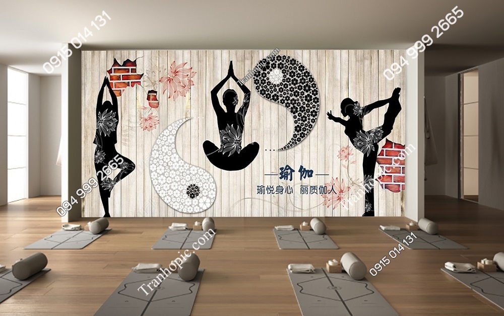 Tranh yoga âm dương nền gỗ dán tường OP_26303816