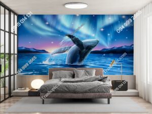 Tranh cá voi lưng gù với biển và cực quang sao trời tuyệt đẹp dán tường phòng ngủ 2710546284