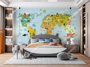 Tranh dán tường bản đồ của thế giới với động vật hoạt hình cho trẻ em 897165681