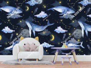 Tranh dán tường cá voi, trăng và sao nền tối màu dán tường phòng trẻ em 3119914915