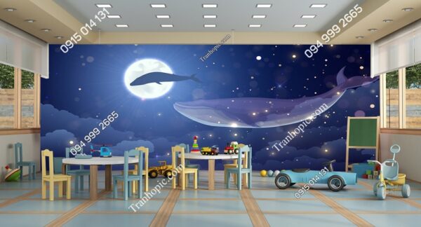 Tranh dán tường cá voi xanh bay trên mây trên bầu trời đêm trăng tròn và các vì sao 3170760474