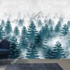 Tranh dán tường rừng vân sam xanh trong sương mù trên nền núi xám và đàn chim trắng 3106088533
