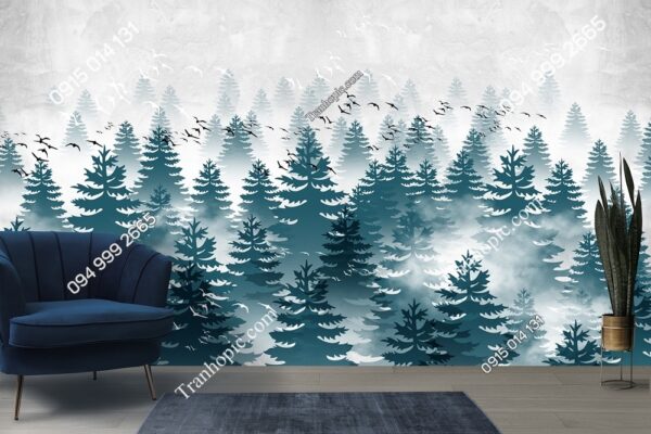 Tranh dán tường rừng vân sam xanh trong sương mù trên nền núi xám và đàn chim trắng 3106088533