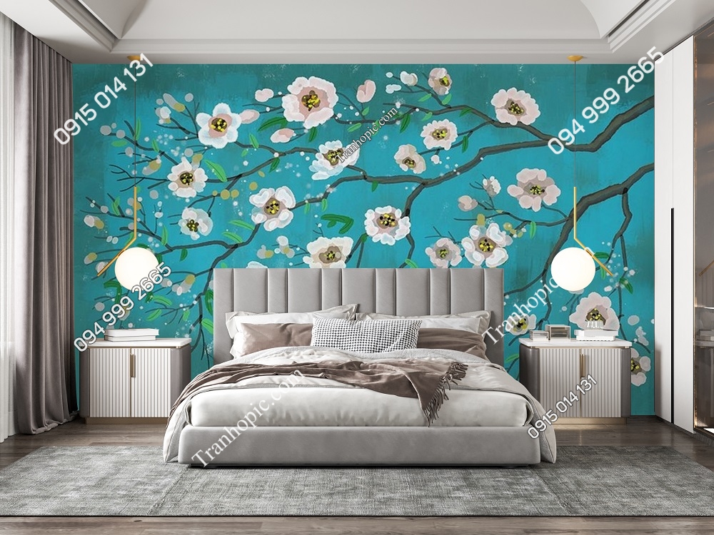 Tranh hoa ban trắng nền tường xanh mát dán phòng ngủ PK2204776