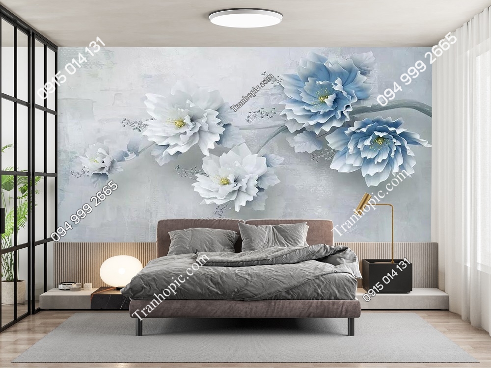 Tranh hoa mẫu đơn xanh 3D dán tường phòng ngủ 34751