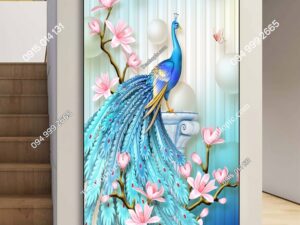 Tranh hoa mộc lan chim công màu xanh ngọc dán tường 2967122112