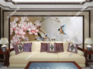 Tranh hoa mộc lan và đôi chim dán tường sau sofa PK2005538