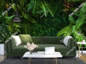 Tranh lá cây dương xỉ nhiệt đới 3D dán tường sau sofa 424903135