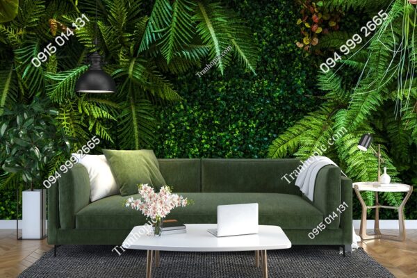 Tranh lá cây dương xỉ nhiệt đới 3D dán tường sau sofa 424903135