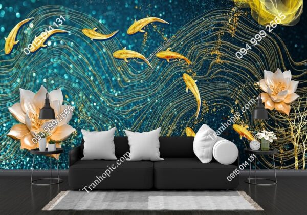 Tranh nghệ thuật cá vàng và hoa dán tường phòng khách 3061846414