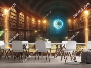 Tranh thư viện sách cổ 3D đẹp dán tường quán cafe 3200812092