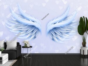 Tranh cánh thiên thần xanh nền trái tim dán tường 3D PK2107131