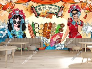Tranh cô gái sóng và thịt xiên trang trí quán nướng lẩu kiểu Trung DM30220905011819805108