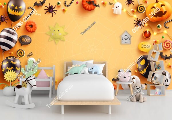 Tranh dán tường Halloween với Bóng bay ma Halloween và Bí ngô 3029862766
