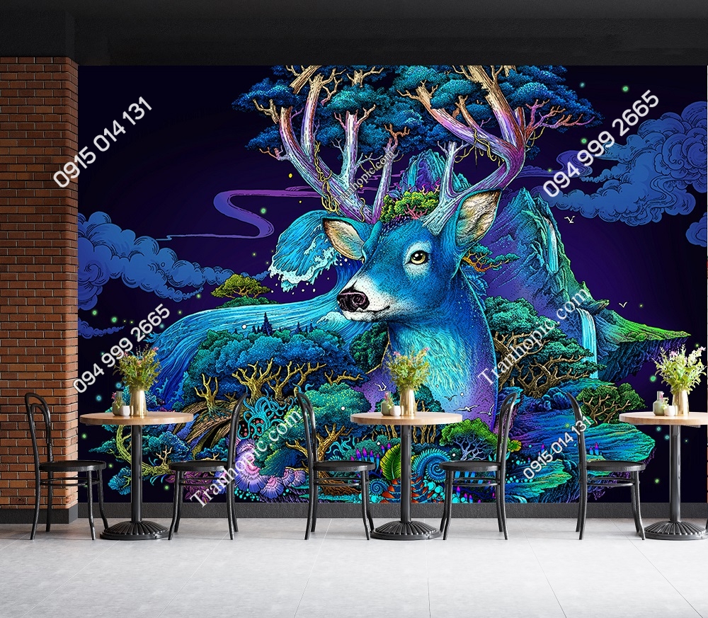 Tranh dán tường Hươu mùa hè của rlonart trang trí quán cafe OP24112022