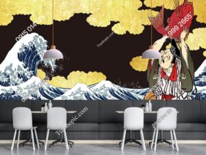 Tranh dán tường bảy vị thần may mắn với sóng dữ và cá phong cách Nhật bản 3184325842