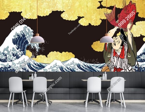 Tranh dán tường bảy vị thần may mắn với sóng dữ và cá phong cách Nhật bản 3184325842