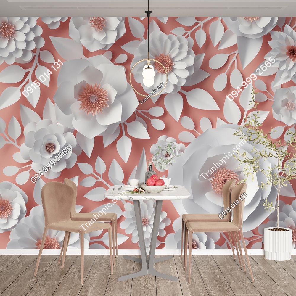 Tranh dán tường hoa giấy trắng nền hồng 3D 654250452